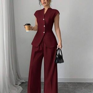 SHEIN Red Pantsuit with Peplum Top and Wide-Leg Pants